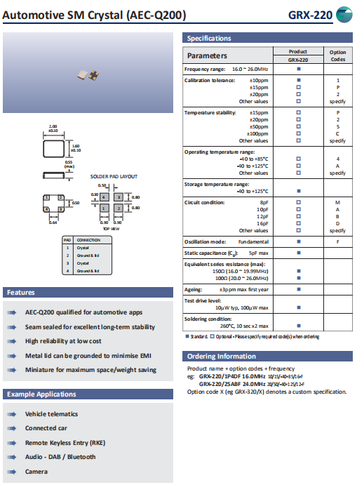Golledge晶振,贴片晶振,GRX-220晶振,无线蓝牙晶振