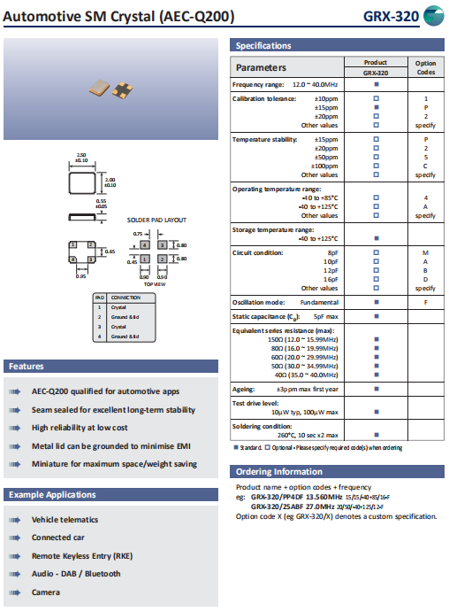 Golledge晶振,贴片晶振,GRX-320晶振,车载耐高温晶振