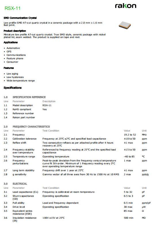 Rakon晶振,贴片晶振,RSX-11晶振,瑞康压电石英晶体