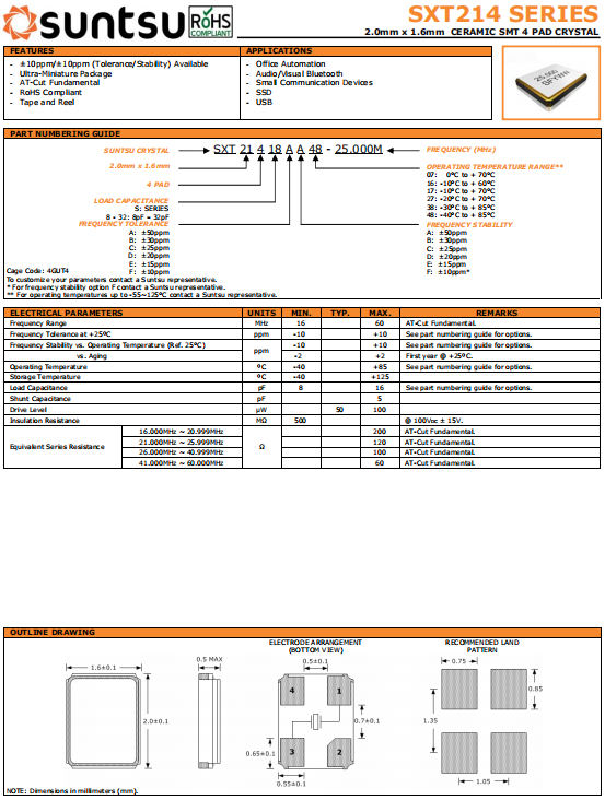 SUNTSU晶振,贴片晶振,SXT214晶振,2016晶振
