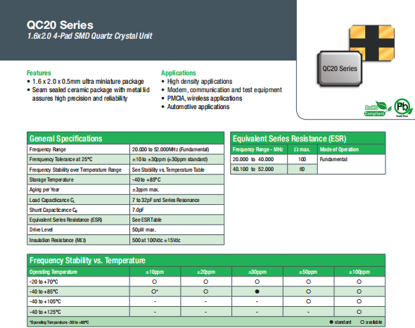 QANTEK晶振,贴片晶振,QC20晶振,康泰克石英晶体