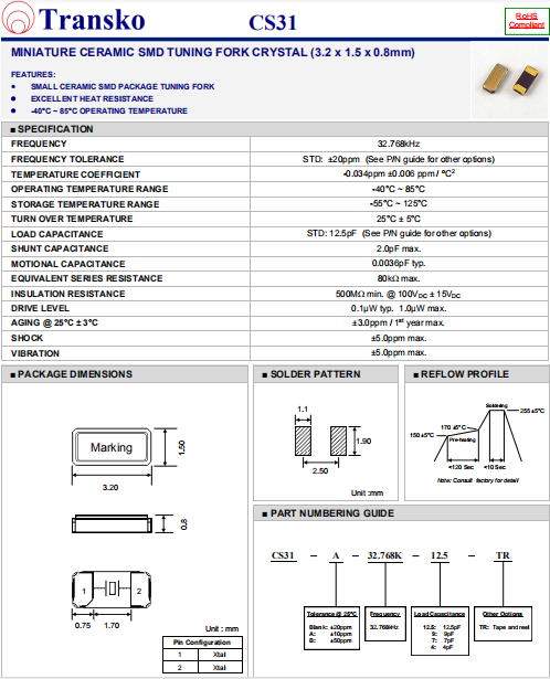 Transko晶振,特兰斯科环保晶振,CS31音叉晶振